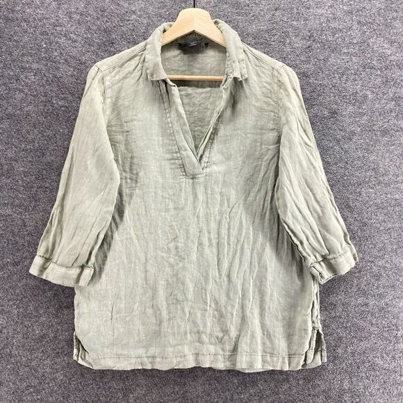 Tahari Blouse Women S Small Gray Linen Collared 3/4 Sleeve Pullover Casual - Picture 1 of 9